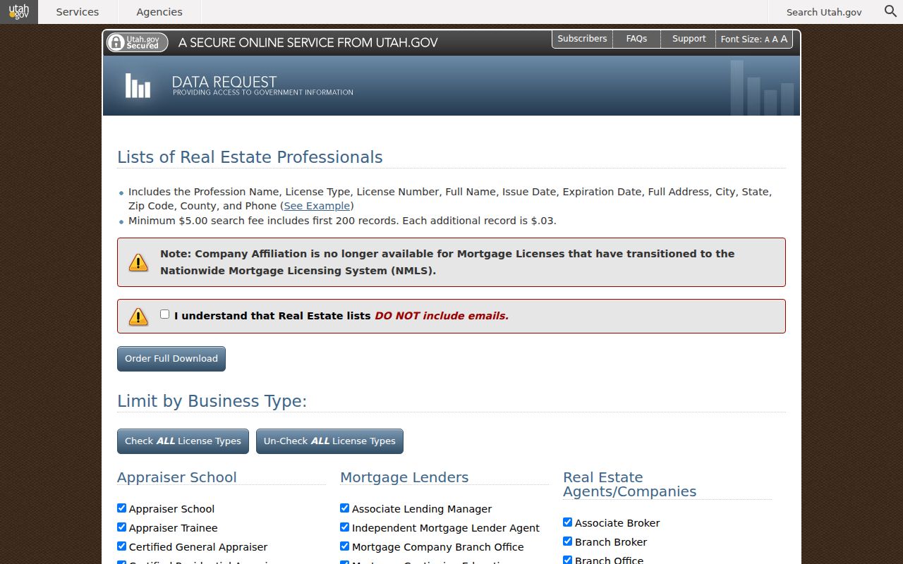 Magna ZIP code directory DOPL real estate data request